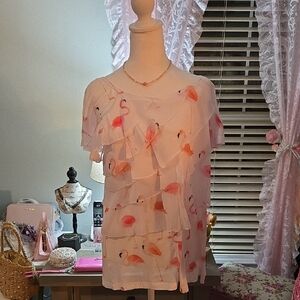 Indigo Soul Pink Flamingo Draping Ruffle Blouse Like New